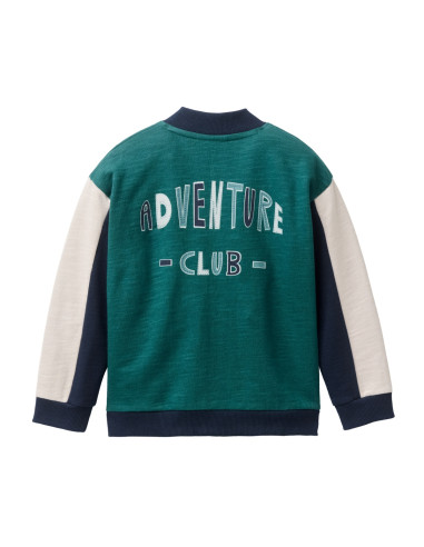 Felpa con zip in cotone bio "Adventure Club"- col. verde/ blu
