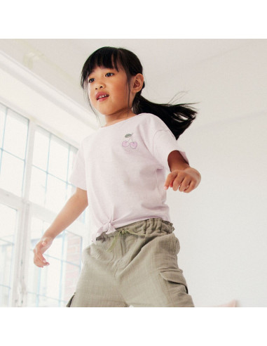 T-Shirt con nodo in cotone bio "Hello Summer" - col. lilla tenue