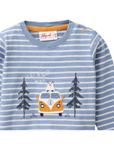 Maglietta baby lunga in cotone bio "Let's go Wild" - col. righe blu fumo