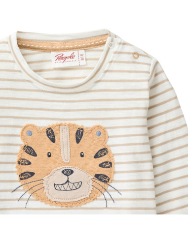 Maglietta baby lunga in cotone bio "Tigre" - col. bianco-righe sabbia