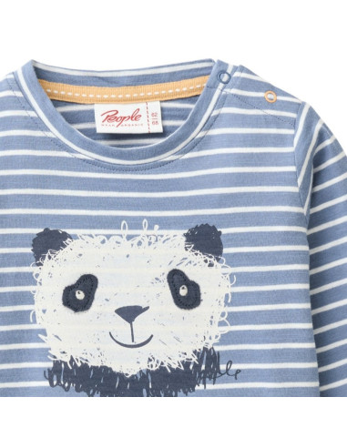 Maglietta baby lunga in cotone bio "Panda" - col. blu-grigio a righe