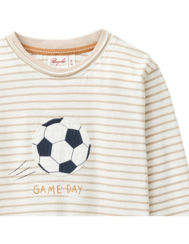 Maglietta lunga in cotone bio "Game Day" - col. bianco-righe sabbia