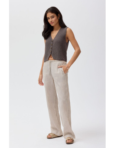 Pantalone donna in cotone bio -col. ecrù-grigio rigato
