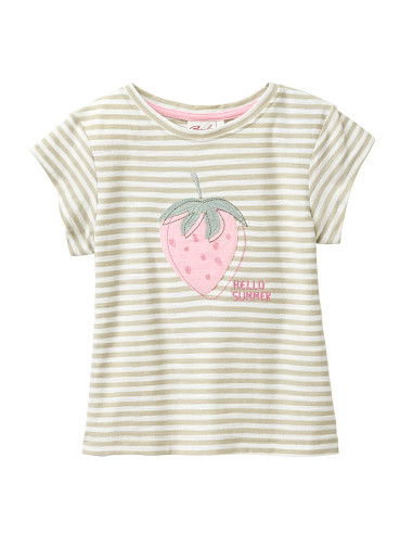 T-Shirt in cotone bio "Hello Summer" - col. bianco a righe verde salvia
