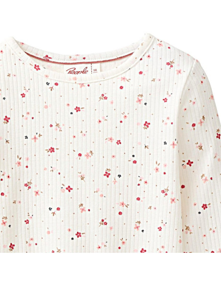Maglietta bambina in cotone bio a costine -col. bianco con motivo floreale