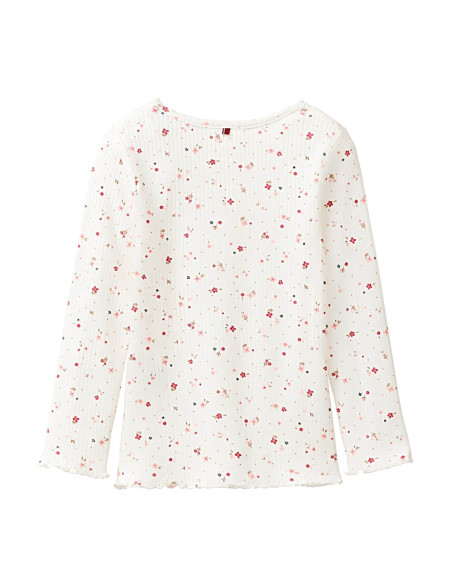 Maglietta bambina in cotone bio a costine -col. bianco con motivo floreale