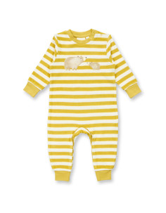 Tutina baby in spugna di cotone biologico "Orsi" - col. righe senape /bianco