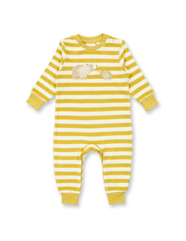 Tutina baby in spugna di cotone biologico "Orsi" - col. righe senape /bianco