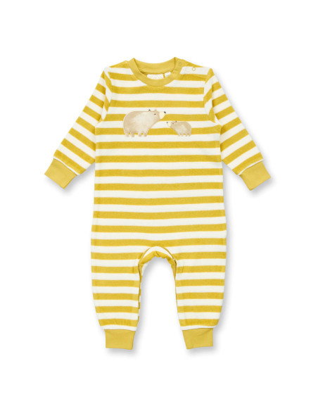 Tutina baby in spugna di cotone biologico "Orsi" - col. righe senape /bianco