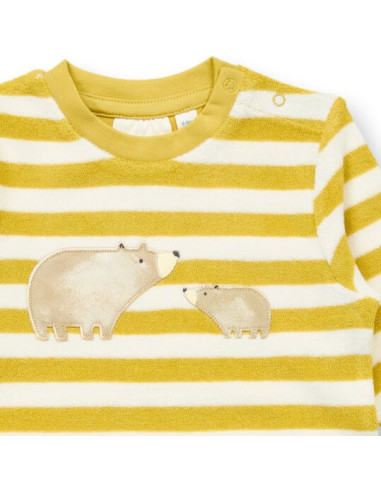 Tutina baby in spugna di cotone biologico "Orsi" - col. righe senape /bianco