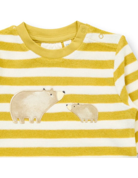 Tutina baby in spugna di cotone biologico "Orsi" - col. righe senape /bianco