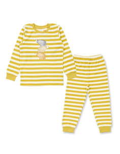 Pigiama bambino in spugna di cotone bio "Orsi" - col. righe senape /bianco