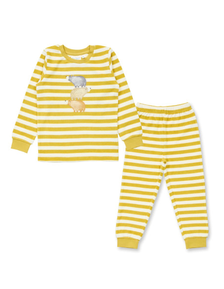 Pigiama bambino in spugna di cotone bio "Orsi" - col. righe senape /bianco